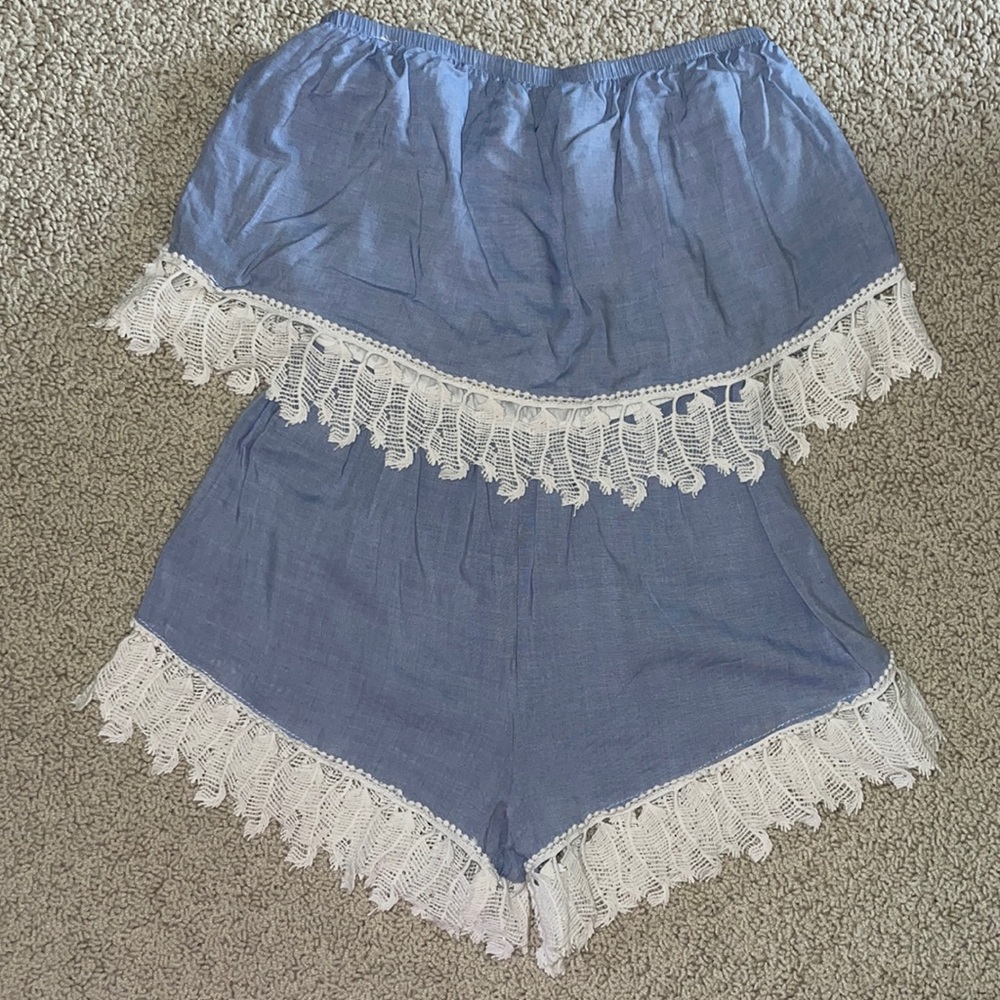 Blue and White Romper / Swim/Beach Coverup Strapless